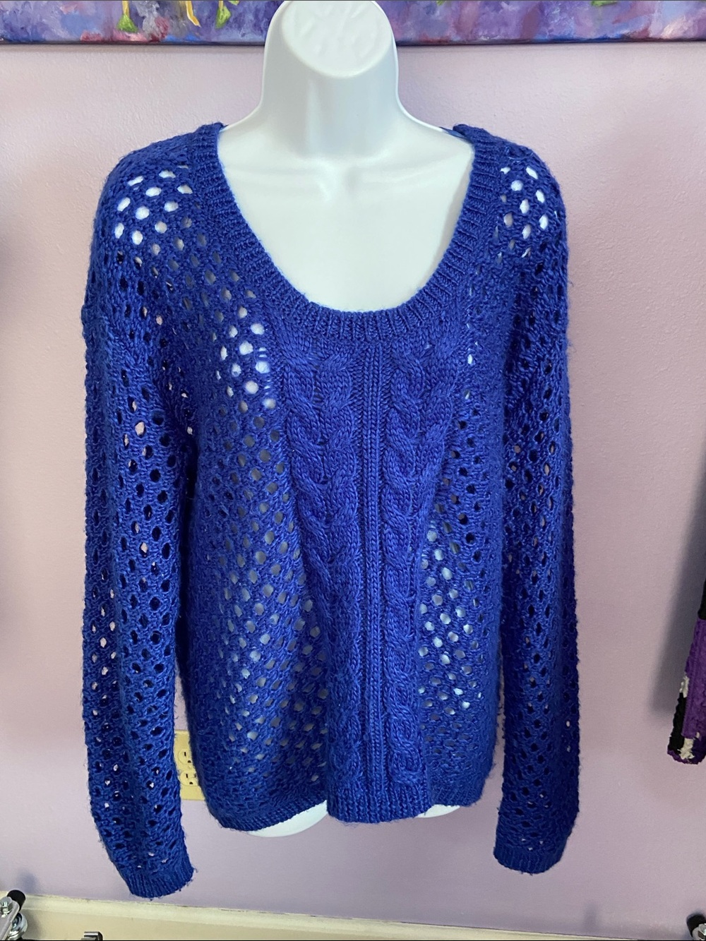 Women's Open-Knit scoop Neck Winter cashmere type Sweater in Cobalt Blue